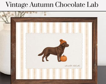 Autumn Chocolate Lab Print | Chocolate Lab Poster | Vintage Striped Dog Decor | Dog Poster | Pet Poster | Pet Artwork | Dog Art