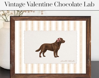 Vintage Valentine Chocolate Lab Print | Chocolate Lab Poster | Vintage Striped Dog Decor | Dog Poster | Pet Poster | Pet Artwork | Dog Art