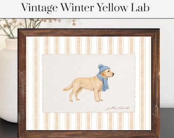 Vintage Winter Lab Print | Yellow Lab Poster | Vintage Striped Dog Decor | Dog Poster | Pet Poster | Pet Artwork | Dog Art