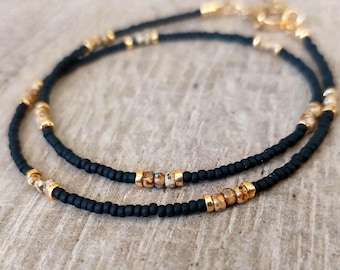 Miyuki wrap bracelet/necklace with brown and matt black glass seed beads, custom made with silver or gold, glass bead necklace, skinny necklace