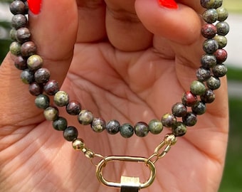 Bloodstone Jasper Carabiner Necklace | Gemstone Gold Carabiner Necklace | Women's Beaded Carabiner Necklace | Green Carabiner Necklace