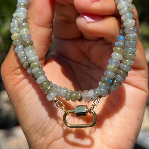 Labradorite Necklace with Gold Carabiner Clasp | Labradorite Beaded Carabiner Necklace | Womens Beaded Carabiner | Labradorite Necklace