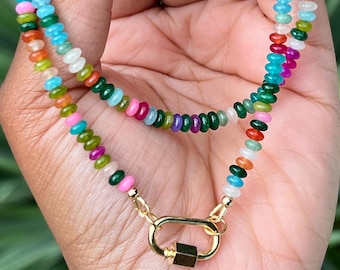 Colorful Beaded Necklace with Gold Carabiner Charm Clasp