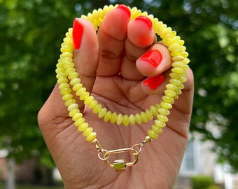 Yellow Jade Beaded Carabiner Necklace