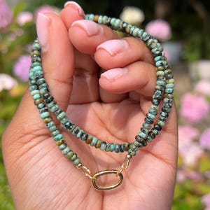Turquoise Charm Clasp Necklace | Turquoise Beaded Charm Clasp Necklace | Womens Beaded Push Clasp Necklace | Turquoise Beaded Necklace