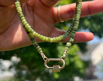 Jade Beaded Necklace with Carabiner Clasp | Jade Beaded Carabiner Necklace | Womens Beaded Carabiner Necklace | Jade Beaded Necklace