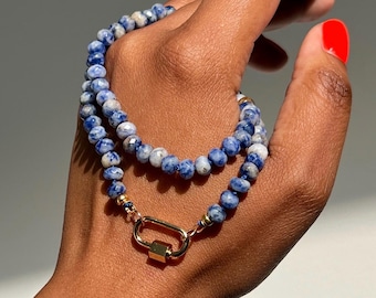 Blue Hand Knotted Carabiner Gemstone Necklace - Beachy Necklace - Perfect for Layering