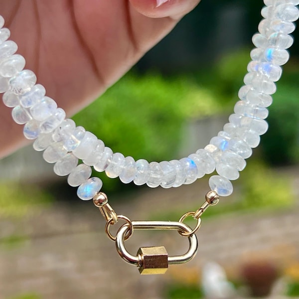 Moonstone Necklace with Gold Carabiner | Moonstone Beaded Carabiner Necklace | Womens Beaded Carabiner | Rainbow Moonstone | Libra Necklace