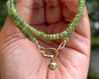 Jade Beaded Necklace with Gold Oval Carabiner Charm Clasp