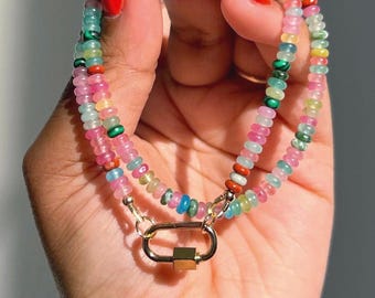 Colorful Beaded Jade Necklace with Carabiner