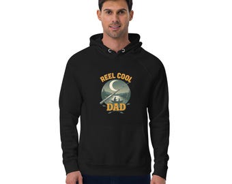 REEL COOL DAD Unisex eco raglan hoodie.  Perfect for the fisherman in your life