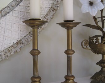 Pair Antique English Brass Candleholders Candle Holders Lovely Aged Patina
