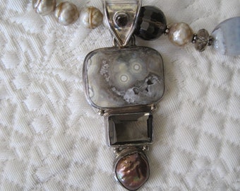 Vintage Artisan Pendant Necklace Jasper Agate Smoky Topaz Pearl Amethst Sterling Silver 18"