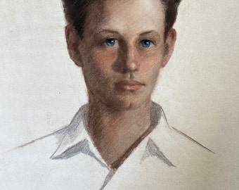 Royden Martin Oil Pastel Portrait of a Young Man Mid Century