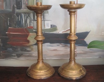 Tall Gothic Brass Church Altar Candlestick Holder Lovely Patina Solid Heavy Elegant Candleholders Pair