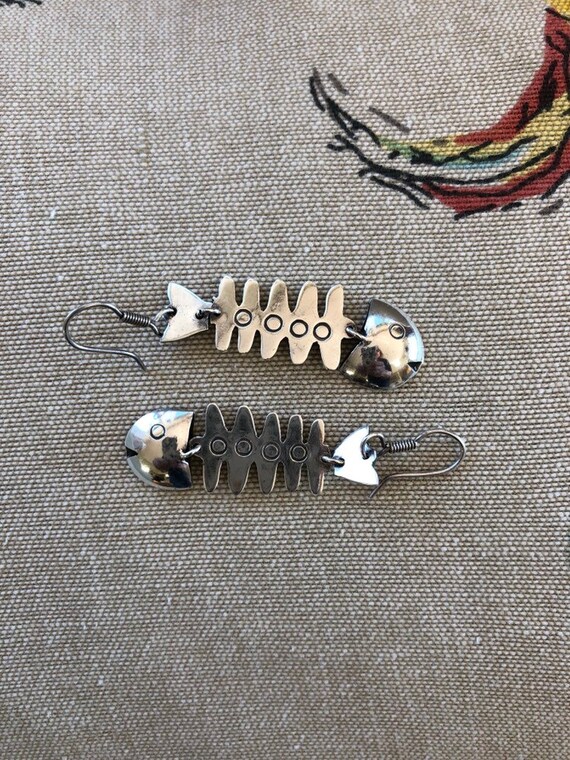 Vintage Sterling Silver Earrings Fish Bones Taxco… - image 3