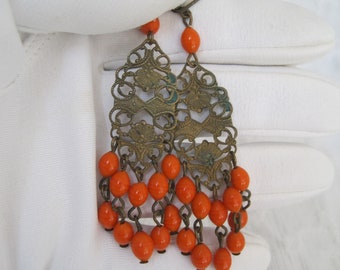 Vintage Czech Earrings Brass Filigree Orange Art Beads 3" Dangle Chandelier Patina