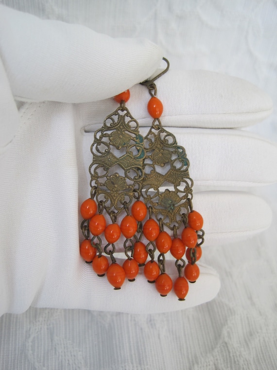 Vintage Czech Earrings Brass Filigree Orange Art B