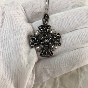 Sterling Silver 935 Jerusalem Jordan Cross Pendant Necklace Ornate Design
