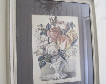 Vintage Currier & Ives Print "The Vase Of Flowers" Matted and Framed Lavender Pinks Rose White