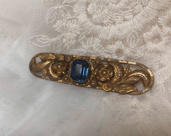 Victorian Brooch Gold Vermeil Blue Glass Ultra Feminine 1800s