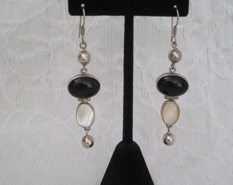 Sterling Silver Onyx Mother of Pearl Earrings 3" Long Taxco Mexico