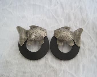 Fish Hoop Earrings Silver on Black Vintage 1980s