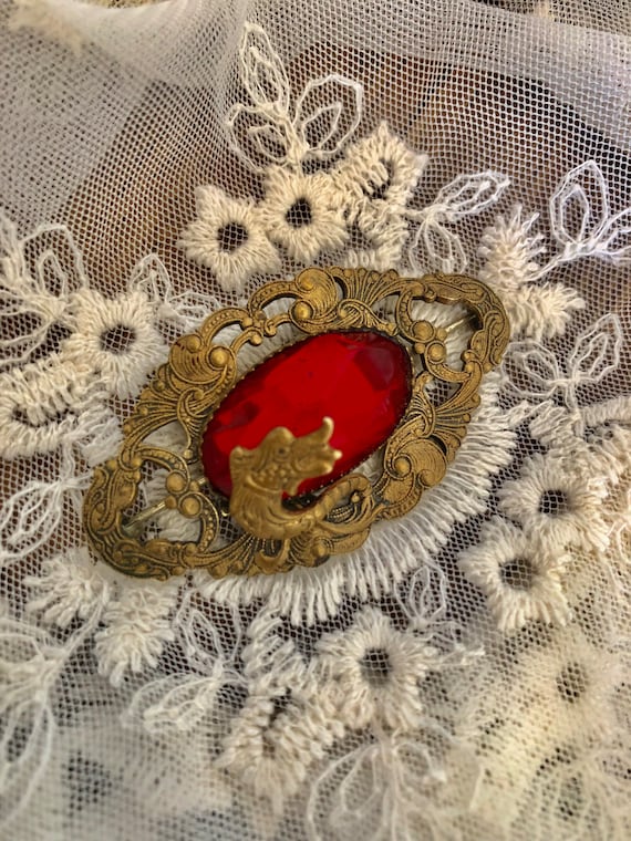 Victorian Era Czech Art Glass Brooch Ruby Red Art 