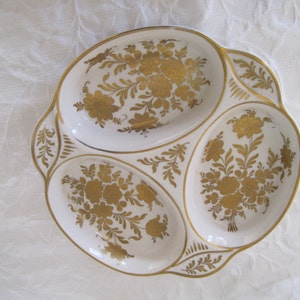 Elegant Pillivuyt France Porcelian Sectioned Dish Tray Hand Painted Paris Gold on White