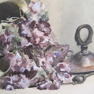 Antique Watercolor Still Life Floral Violets Copper Container Signed M.E. Roberts image 4