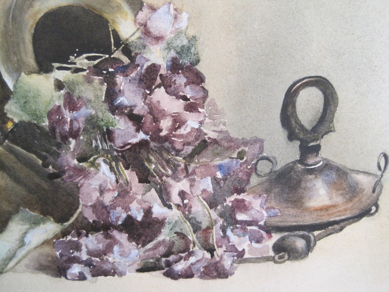 Antique Watercolor Still Life Floral Violets Copper Container Signed M.E. Roberts image 4