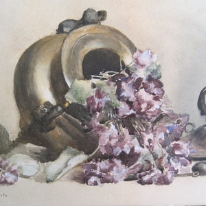 Antique Watercolor Still Life Floral Violets Copper Container Signed M.E. Roberts image 1