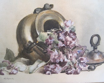 Antique Watercolor Still Life Floral Violets Copper Container Signed M.E. Roberts