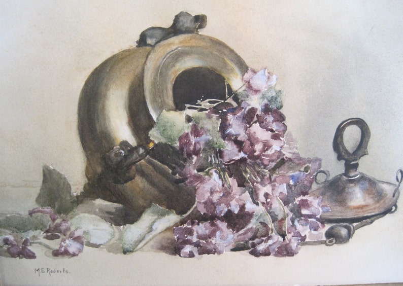 Antique Watercolor Still Life Floral Violets Copper Container Signed M.E. Roberts image 1