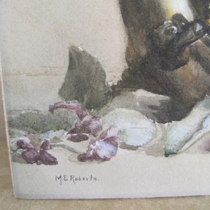 Antique Watercolor Still Life Floral Violets Copper Container Signed M.E. Roberts image 5