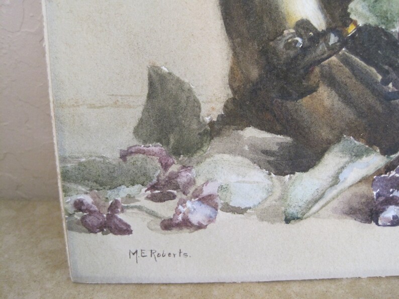 Antique Watercolor Still Life Floral Violets Copper Container Signed M.E. Roberts image 5