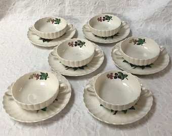 Copeland Spode Glendale set of 6 Handled Bowls and Saucers Soup or Dessert Fruit and Floral Motif 1960s Cottage