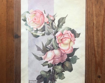 Original Watercolor by Early California Artist Alice M Chew aka Alice M Hatch Floral Circa 1920s Roses