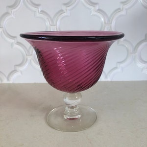 Vintage Cranberry Rose Colored Glass Pedestal Bowl Swirl Pattern