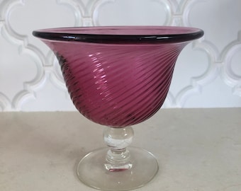 Vintage Cranberry Rose Colored Glass Pedestal Bowl Swirl Pattern