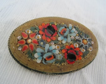Vintage Micro Mosaic Brooch Glass Colorful Floral Italy