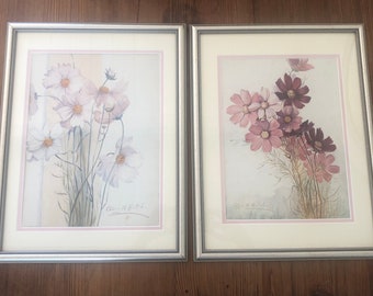 Pair Original Watercolors Still Life Cosmos Poppy Listed Artist Alice M. Hatch (Chew) Framed