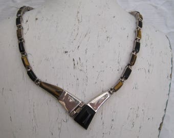 Modern Necklace Sterling Silver 950 Onyx Tigers Eye Taxco Mexico