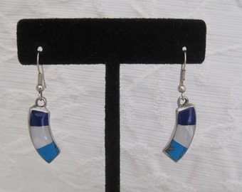 Native American Dangle Earrings Lapis Mother of Pearl and Turquoise Inlay Navajo