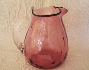 Vintage Cranberry Glass Pitcher Hand Blown Ribbed Clear Handle