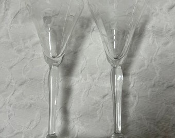Pair Vintage Etched Glass Cordial Stemware