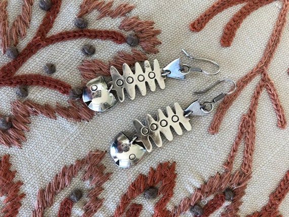 Vintage Sterling Silver Earrings Fish Bones Taxco… - image 2