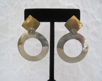 Modern Hoop Statement Earrings 1980s Sterling Silver Brass Signed