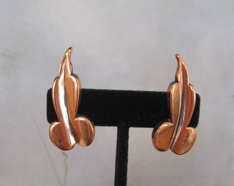 Renior Mid Century Modern Copper Earrings Leaf Design Signed