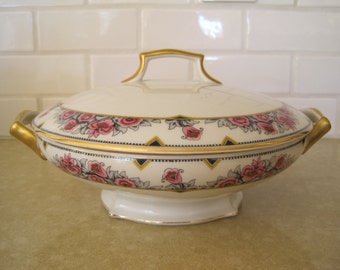 Covered Serving Bowl Tressemanes Vogt T&V Limoges France La Cloche French China Pink Rose Gray Gold